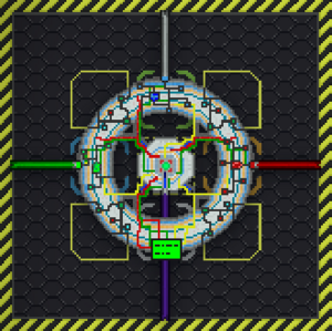 The Hypertorus Fusion Reactor is centered on the image. It is a gray ring shape with various colored lights flashing. There is a control panel on the south side. The West side has a prominent green light, and there is a green pipe connected to it. The north side has a prominent blue light and a gray pipe is connected to it. The east side has a prominent red light and a red pipe is connected to it. There is a smaller gray sphere in the center of the machine, and there is a purple pipe connected to it, pointing south.