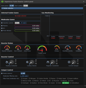 The hypertorus fusion reactor menu. There are tons of buttons and dials to press.