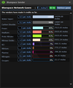 The omni bluespace gas sender interface showing the gases produced by the HFR.